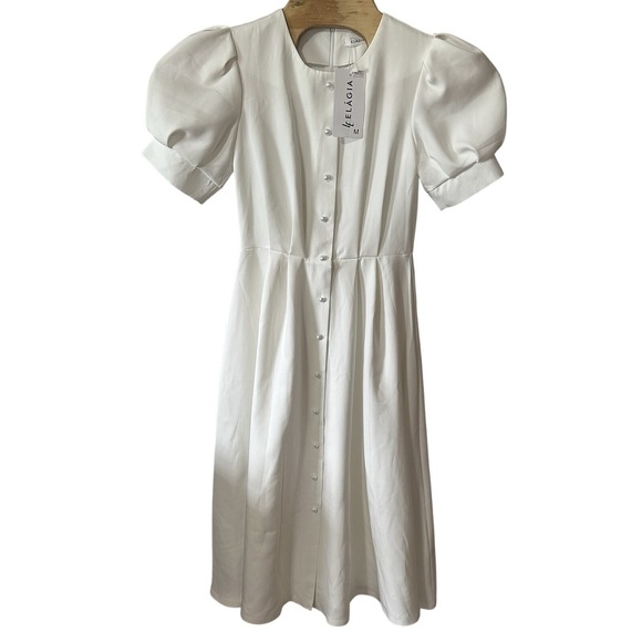 NEW ELAGIA White Buttoned Puff-Sleeve Midi Dress Faux-Pearl Buttons Medium